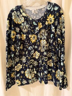 Charter Club Navy Floral Button-Front Long Sleeve Top with Yellow Accents